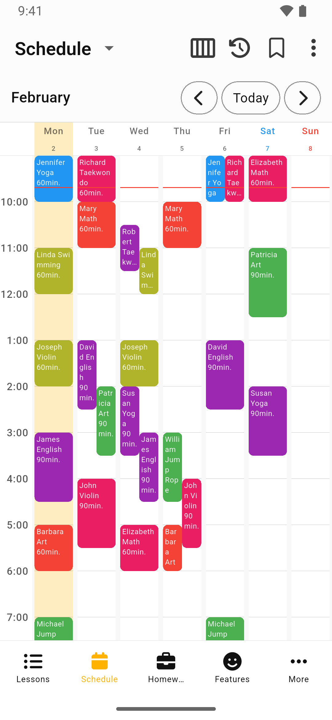 Lesson Manager's timetable screen