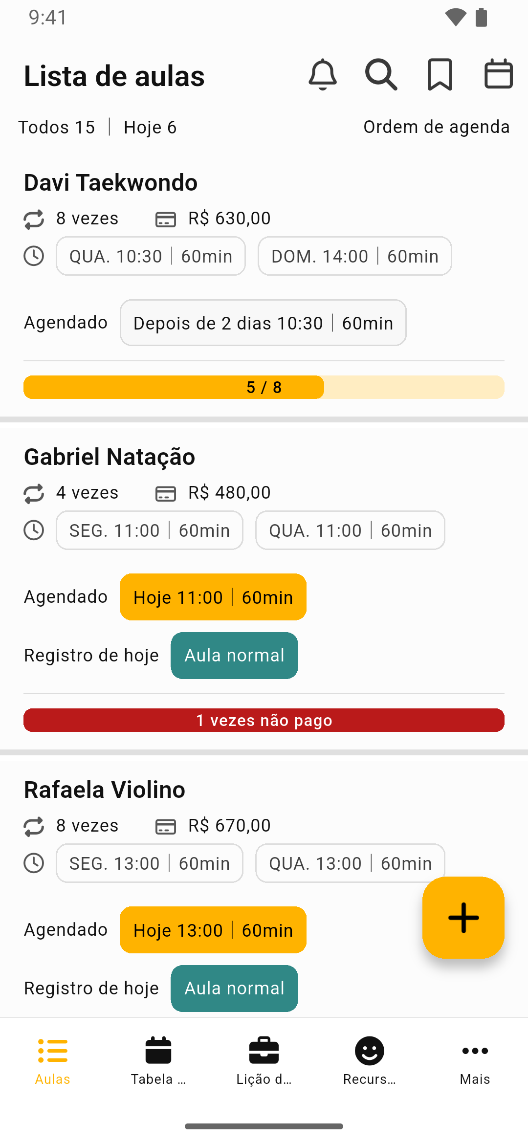 Tela de lista de aulas do Gerenciador de Aulas