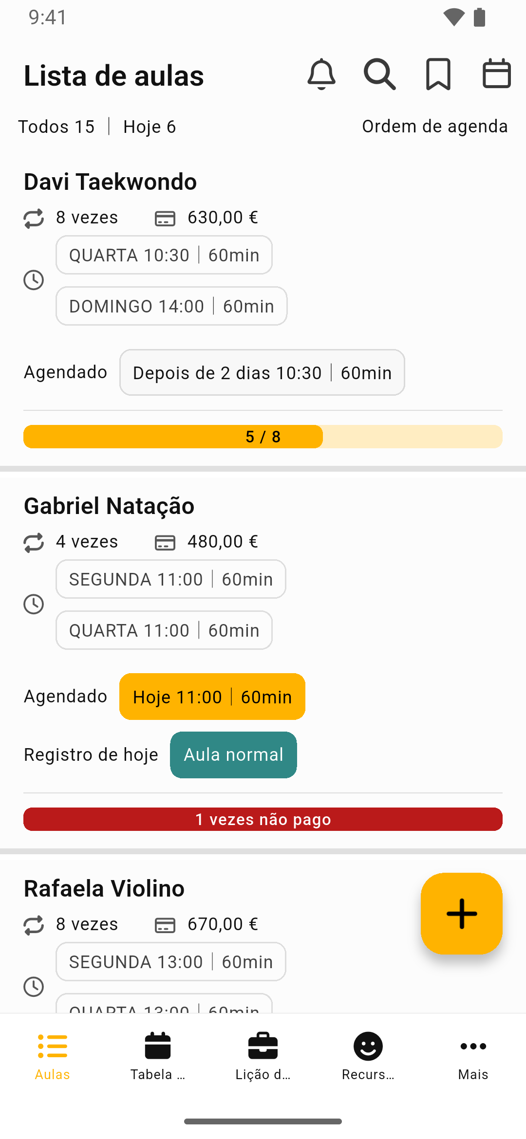 Gestor de Aulas — ecrã de lista de aulas